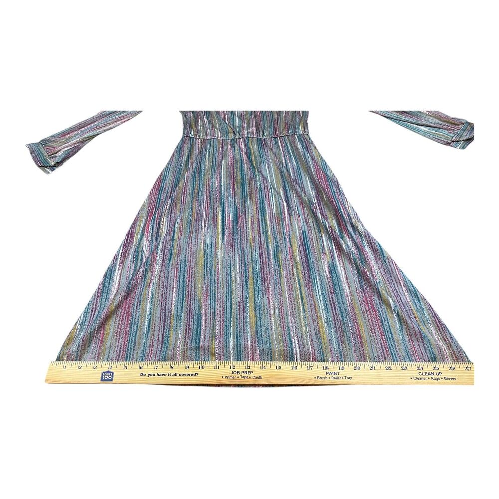 VTG 70s Metallic Striped Midi Dress High Neckline Shirtdress Long Sleeve SMALL - Picture 11 of 14